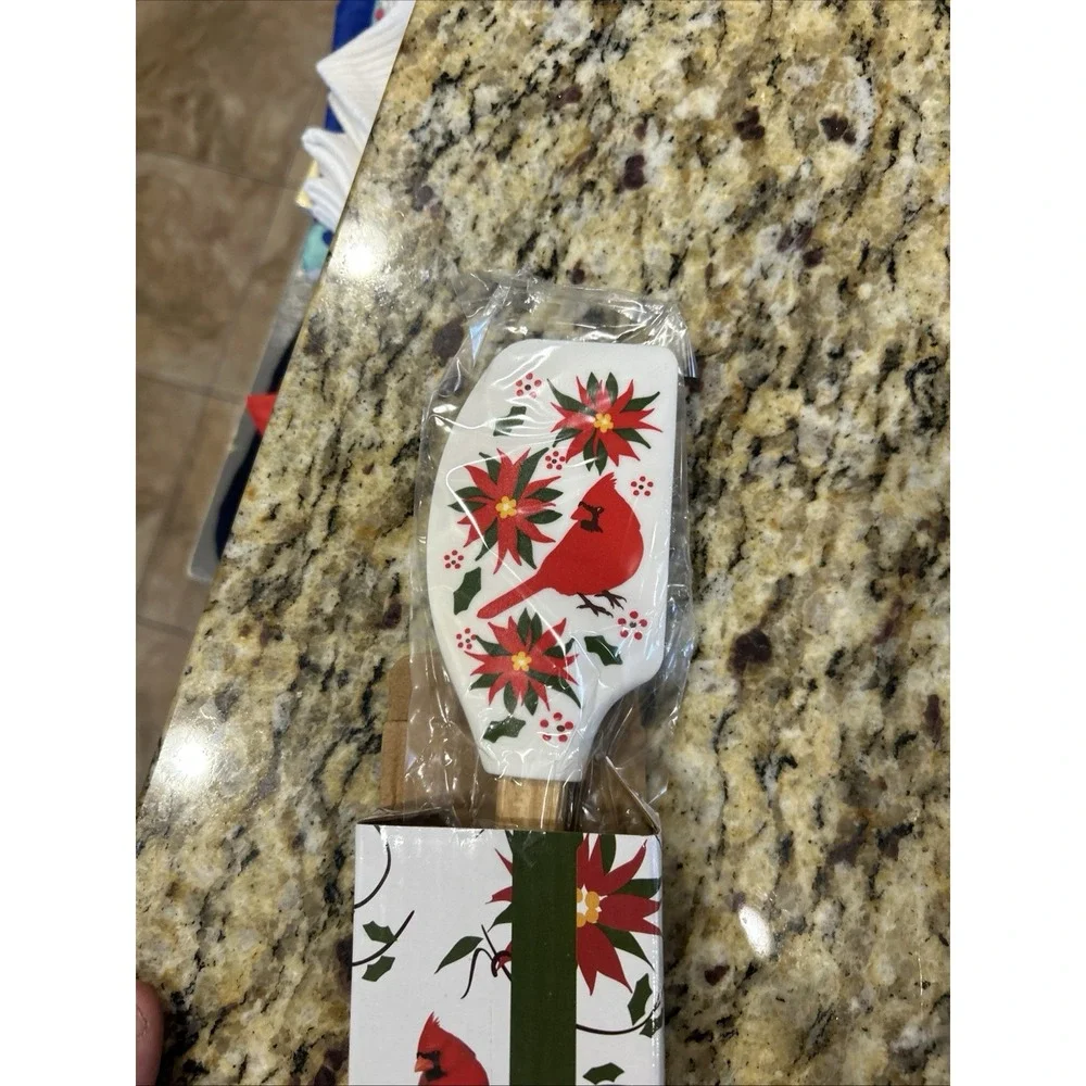 Temptations Christmas Poinsettias & Cardinal  Silicone Spatula Wooden Handle NIB